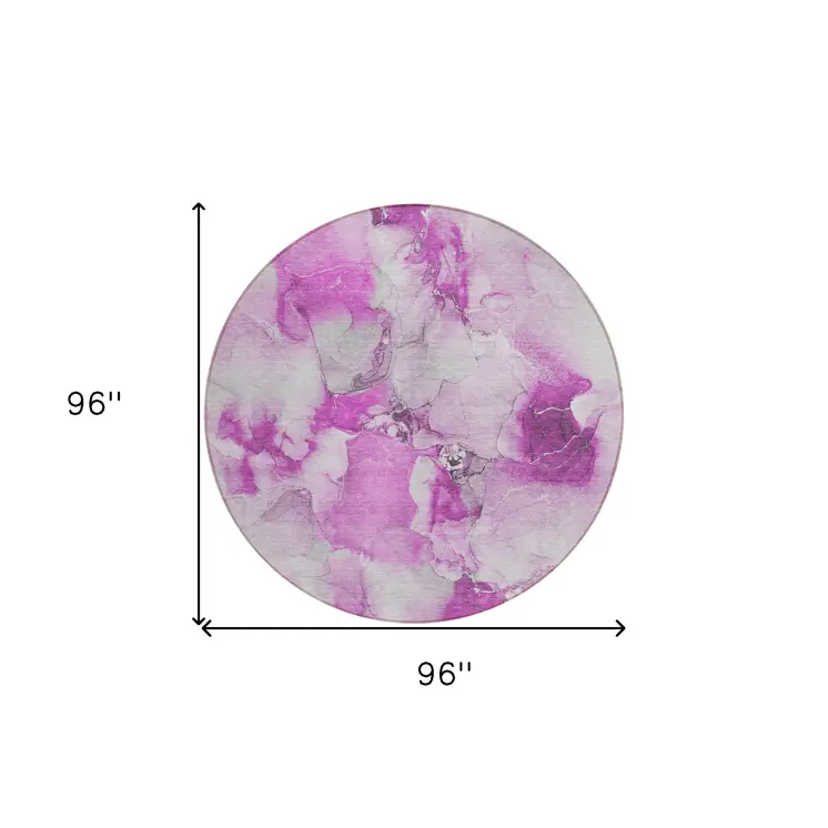 8' Round Pink and Ivory Round Abstract Washable Non Skid Indoor Outdoor Area Rug