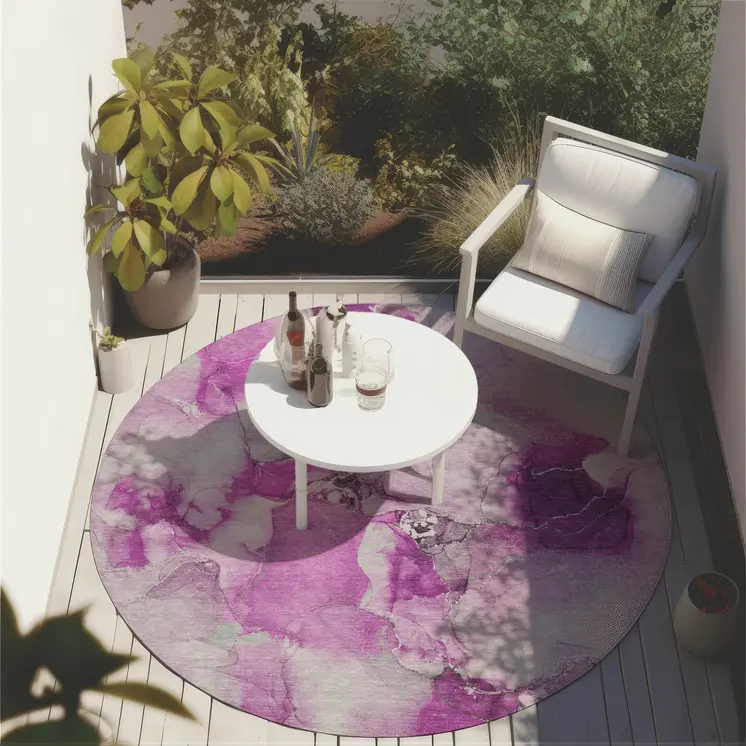 8' Round Pink and Ivory Round Abstract Washable Non Skid Indoor Outdoor Area Rug