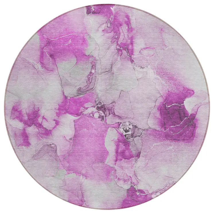 8' Round Pink and Ivory Round Abstract Washable Non Skid Indoor Outdoor Area Rug