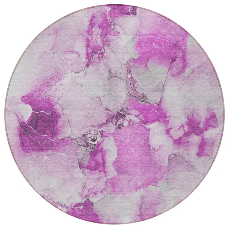 8' Round Pink and Ivory Round Abstract Washable Non Skid Indoor Outdoor Area Rug