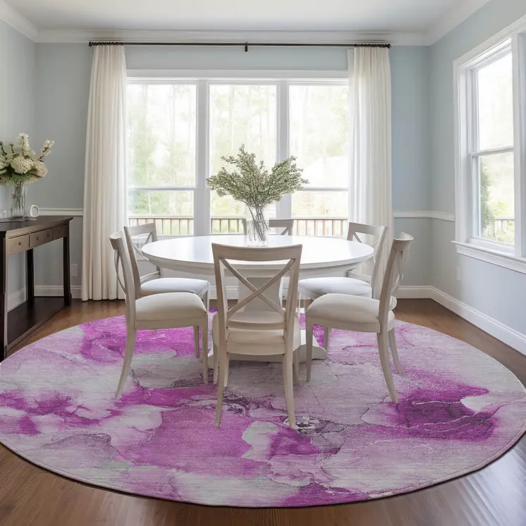 8' Round Pink and Ivory Round Abstract Washable Non Skid Indoor Outdoor Area Rug
