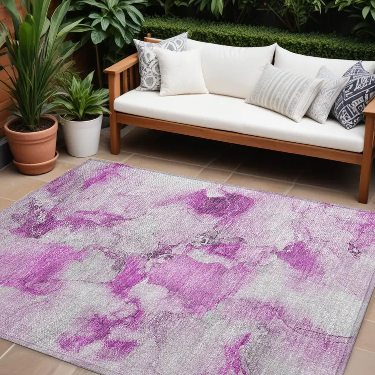 8' X 10' Pink and Ivory Abstract Washable Non Skid Indoor Outdoor Area Rug