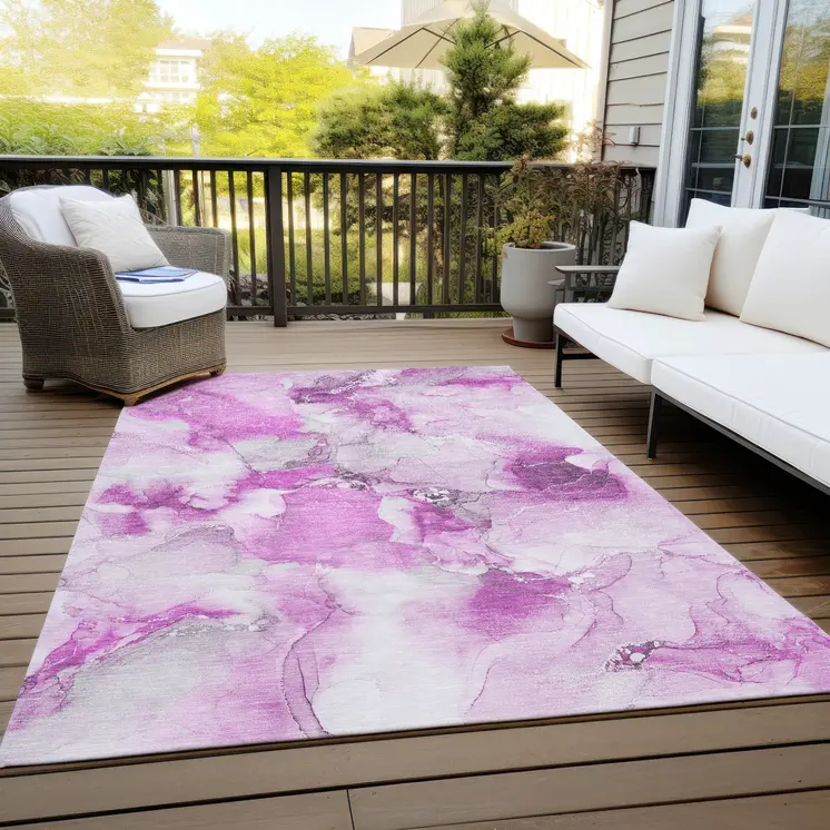 8' X 10' Pink and Ivory Abstract Washable Non Skid Indoor Outdoor Area Rug