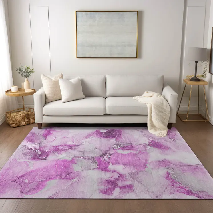 8' X 10' Pink and Ivory Abstract Washable Non Skid Indoor Outdoor Area Rug