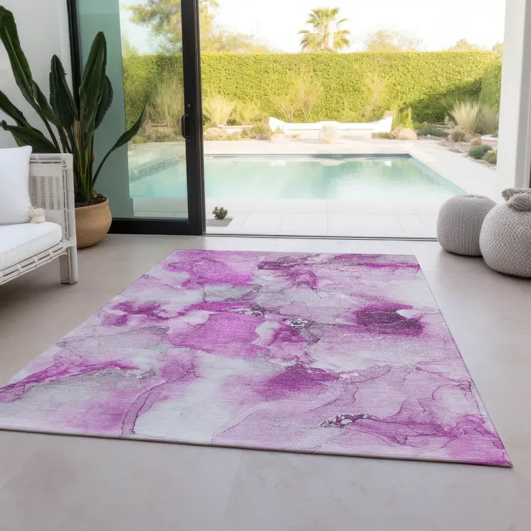 8' X 10' Pink and Ivory Abstract Washable Non Skid Indoor Outdoor Area Rug