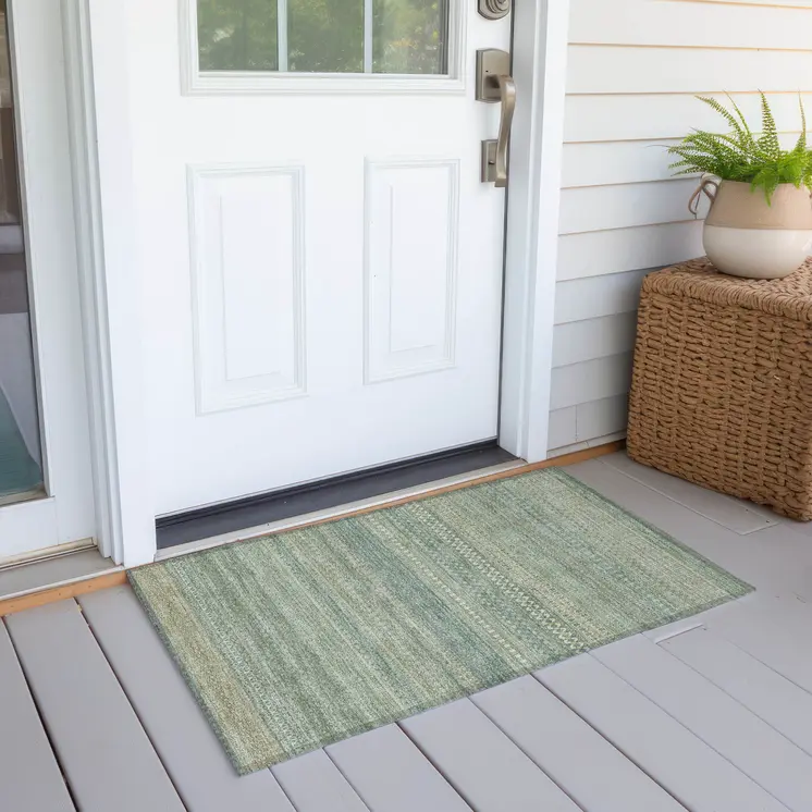 2' X 3' Artichoke Green Striped Washable Non Skid Indoor Outdoor Area Rug