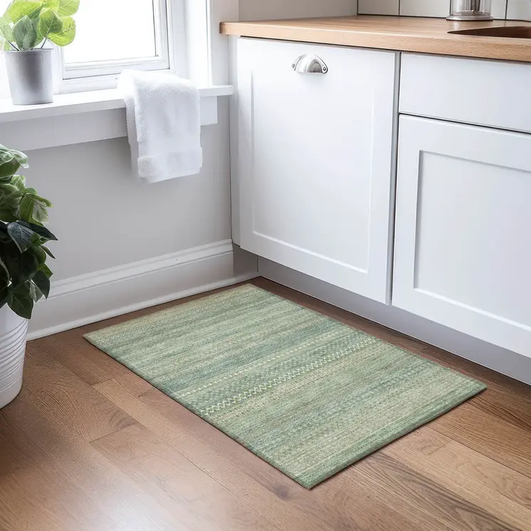 2' X 3' Artichoke Green Striped Washable Non Skid Indoor Outdoor Area Rug