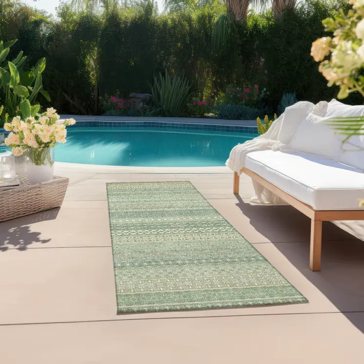 2' X 8' Artichoke Green Striped Washable Indoor Outdoor Runner Rug