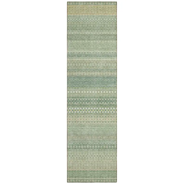 2' X 8' Artichoke Green Striped Washable Indoor Outdoor Runner Rug