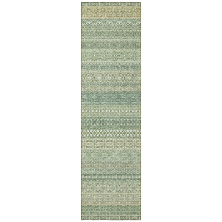 2' X 8' Artichoke Green Striped Washable Indoor Outdoor Runner Rug