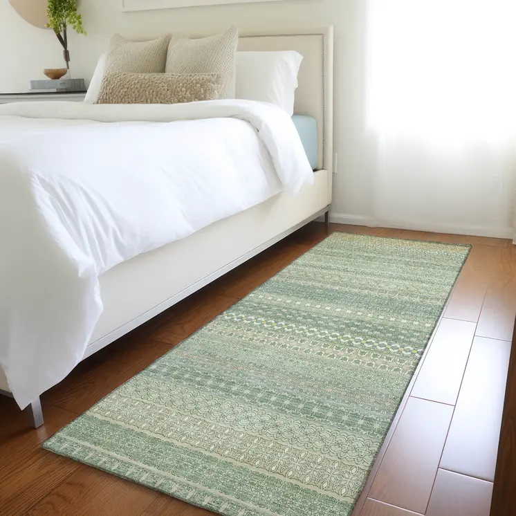 2' X 8' Artichoke Green Striped Washable Indoor Outdoor Runner Rug