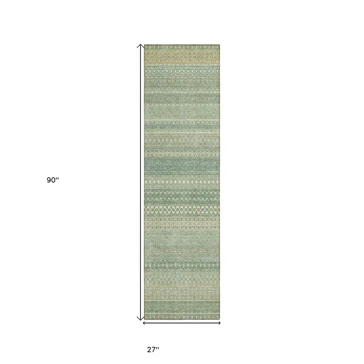 2' X 8' Artichoke Green Striped Washable Indoor Outdoor Runner Rug