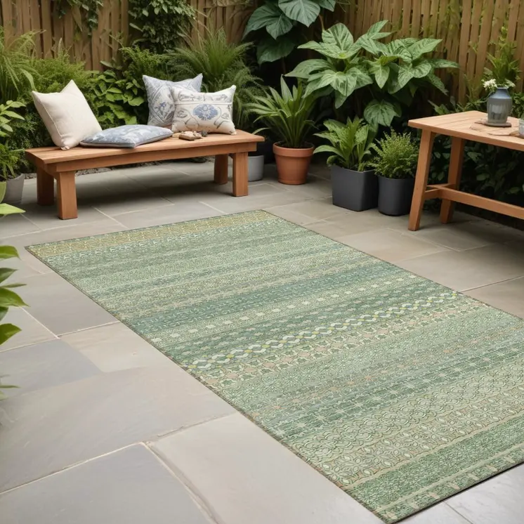 2' X 8' Artichoke Green Striped Washable Indoor Outdoor Runner Rug