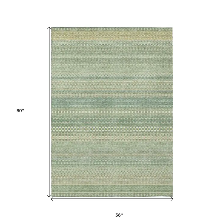 3' X 5' Artichoke Green Striped Washable Non Skid Indoor Outdoor Area Rug