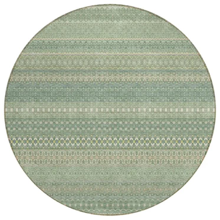8' Round Artichoke Green Round Striped Washable Non Skid Indoor Outdoor Area Rug