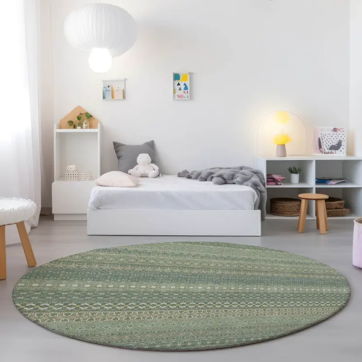 8' Round Artichoke Green Round Striped Washable Non Skid Indoor Outdoor Area Rug