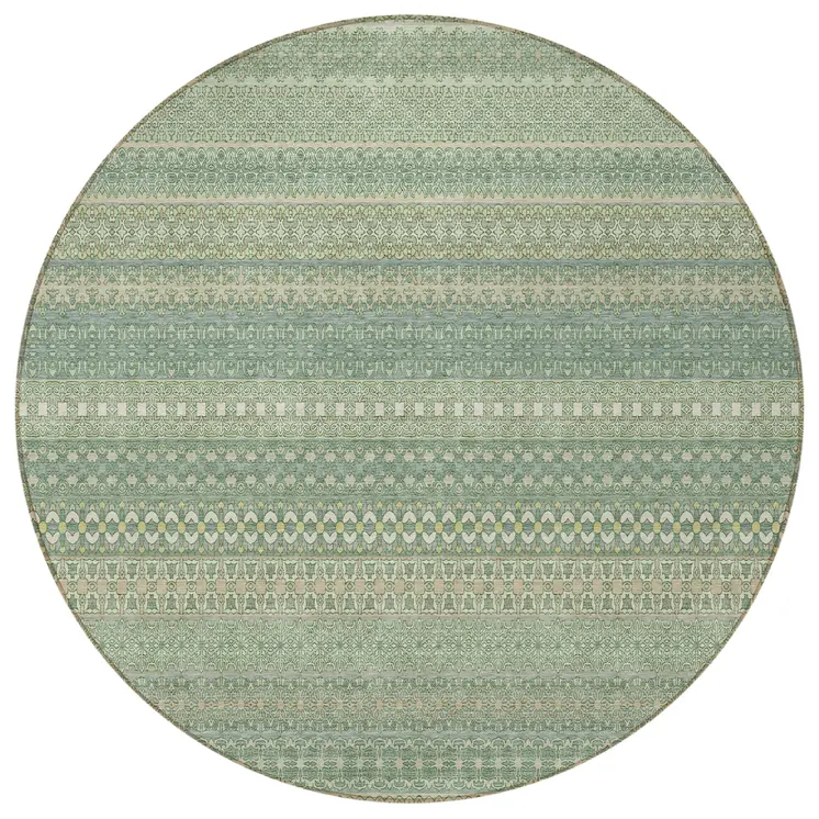 8' Round Artichoke Green Round Striped Washable Non Skid Indoor Outdoor Area Rug