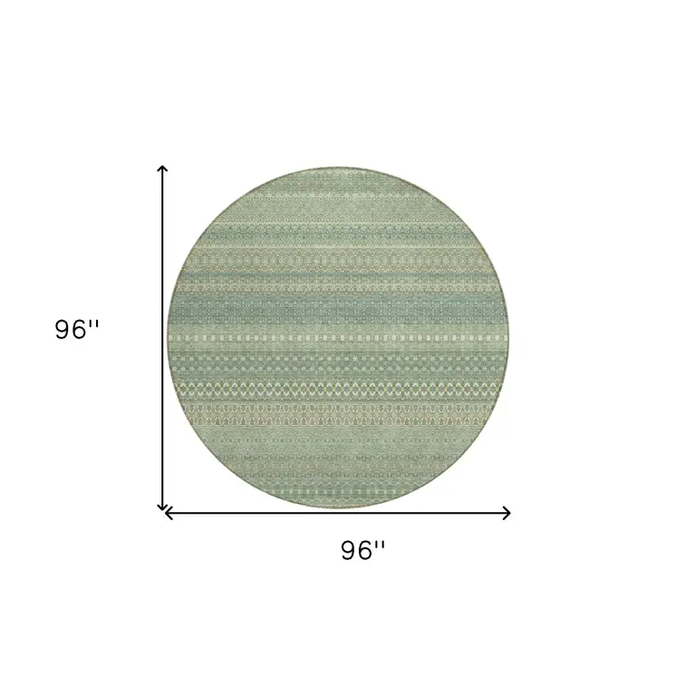 8' Round Artichoke Green Round Striped Washable Non Skid Indoor Outdoor Area Rug