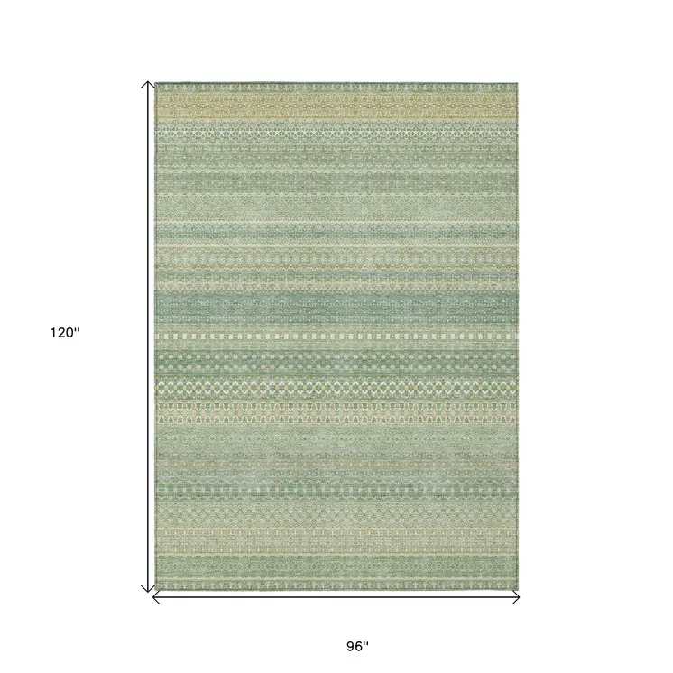 8' X 10' Artichoke Green Striped Washable Non Skid Indoor Outdoor Area Rug