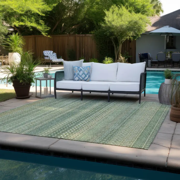 8' X 10' Artichoke Green Striped Washable Non Skid Indoor Outdoor Area Rug
