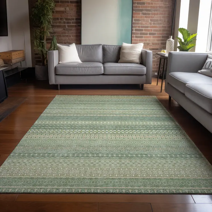 8' X 10' Artichoke Green Striped Washable Non Skid Indoor Outdoor Area Rug
