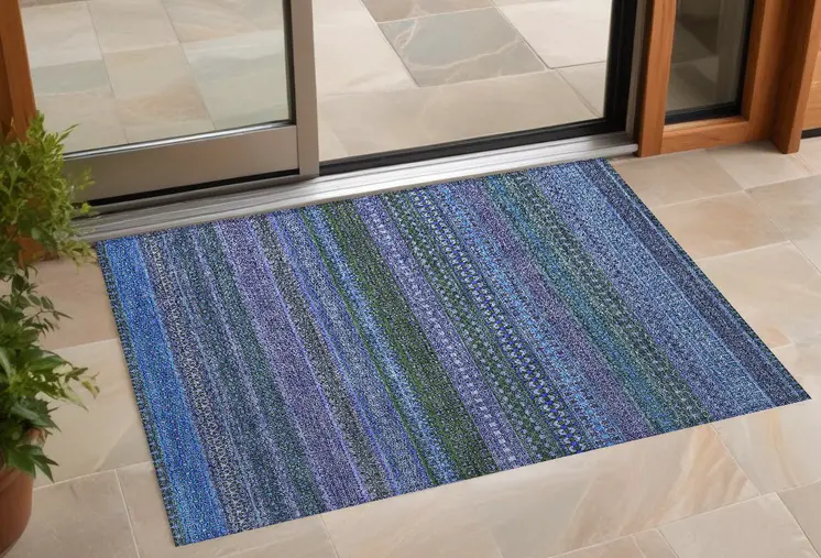 2' X 3' Blue and Green Striped Washable Non Skid Indoor Outdoor Area Rug