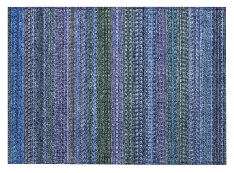 2' X 3' Blue and Green Striped Washable Non Skid Indoor Outdoor Area Rug