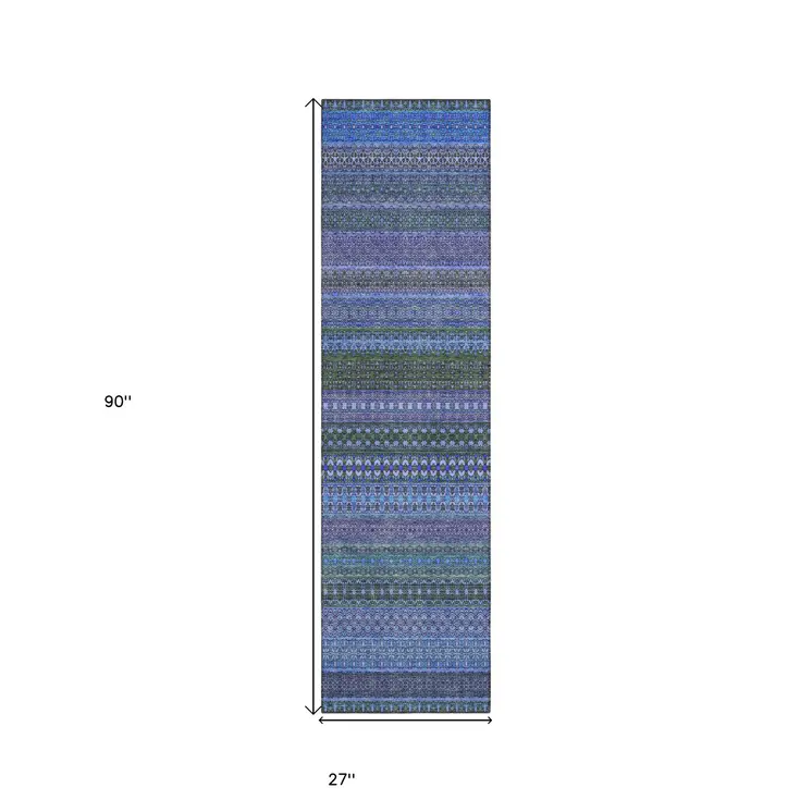 2' X 8' Blue and Green Striped Washable Indoor Outdoor Runner Rug