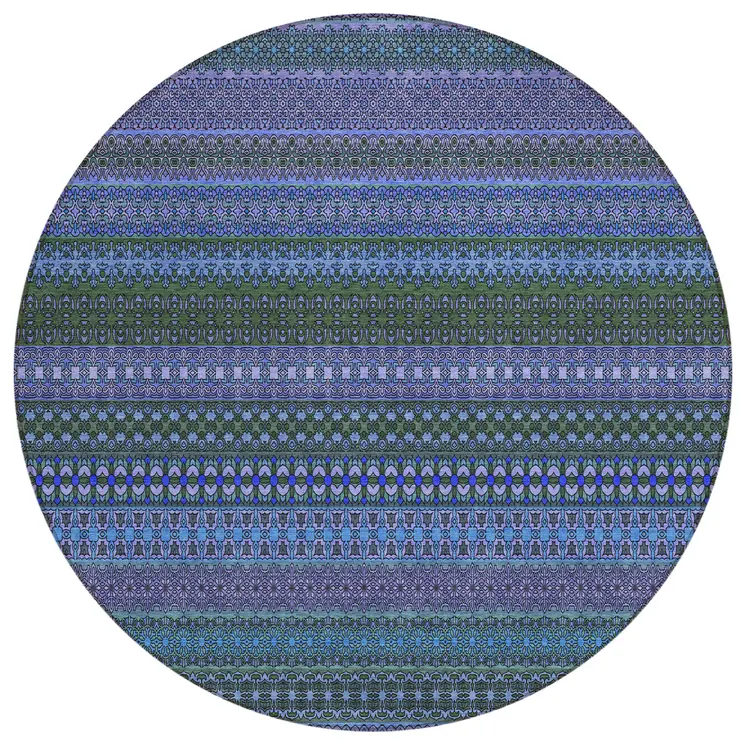 8' Round Blue and Green Round Striped Washable Non Skid Indoor Outdoor Area Rug