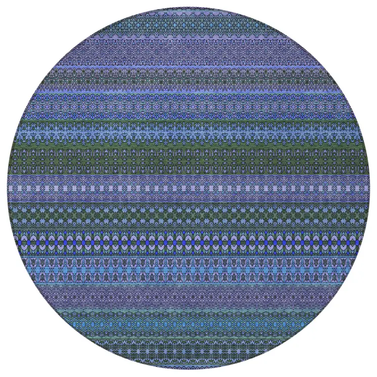 8' Round Blue and Green Round Striped Washable Non Skid Indoor Outdoor Area Rug