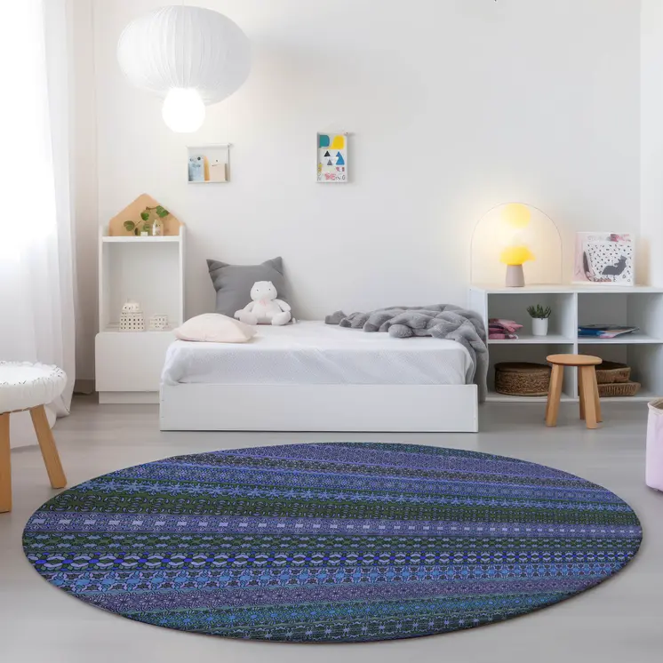 8' Round Blue and Green Round Striped Washable Non Skid Indoor Outdoor Area Rug