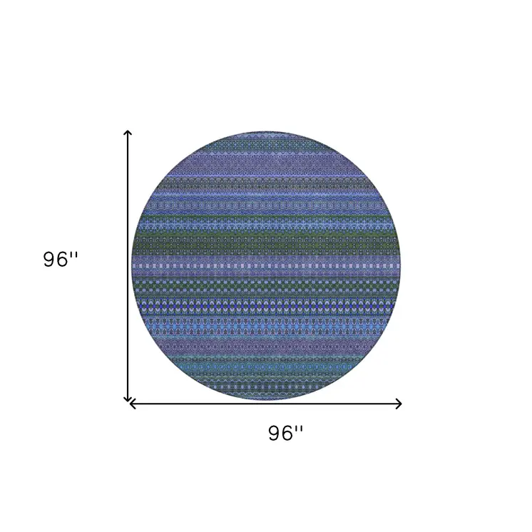 8' Round Blue and Green Round Striped Washable Non Skid Indoor Outdoor Area Rug