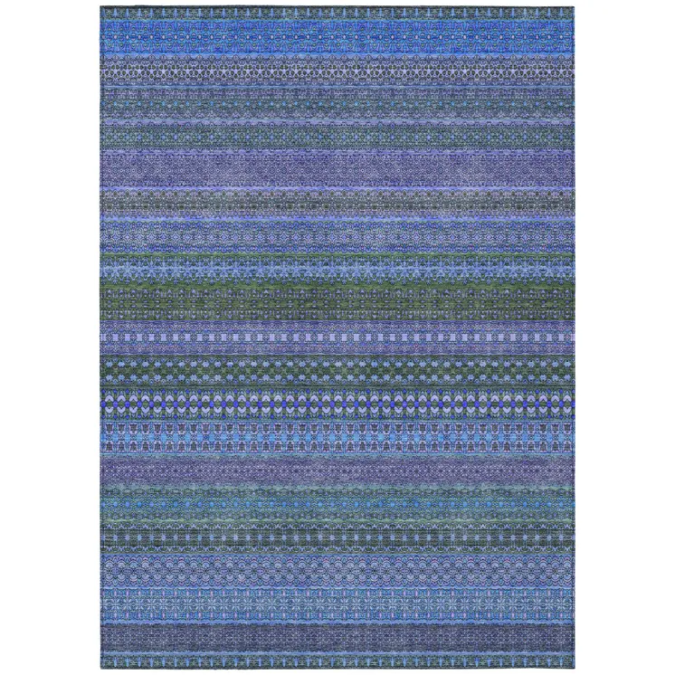 8' X 10' Blue and Green Striped Washable Non Skid Indoor Outdoor Area Rug
