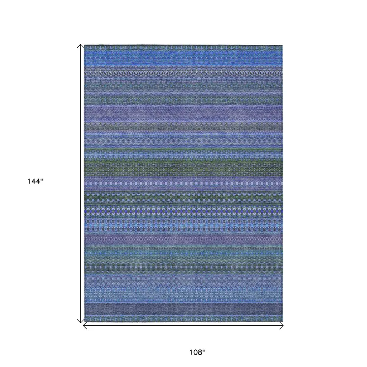 9' X 12' Blue and Green Striped Washable Non Skid Indoor Outdoor Area Rug