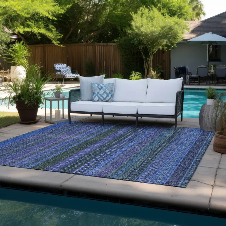 9' X 12' Blue and Green Striped Washable Non Skid Indoor Outdoor Area Rug