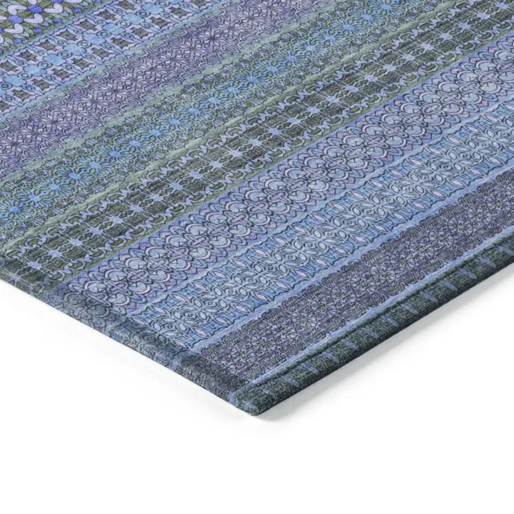 9' X 12' Blue and Green Striped Washable Non Skid Indoor Outdoor Area Rug