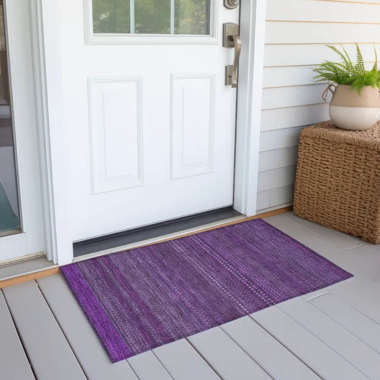 2' X 3' Eggplant Striped Washable Non Skid Indoor Outdoor Area Rug
