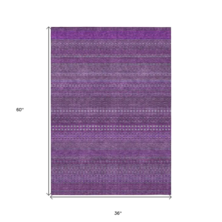 3' X 5' Eggplant Striped Washable Non Skid Indoor Outdoor Area Rug