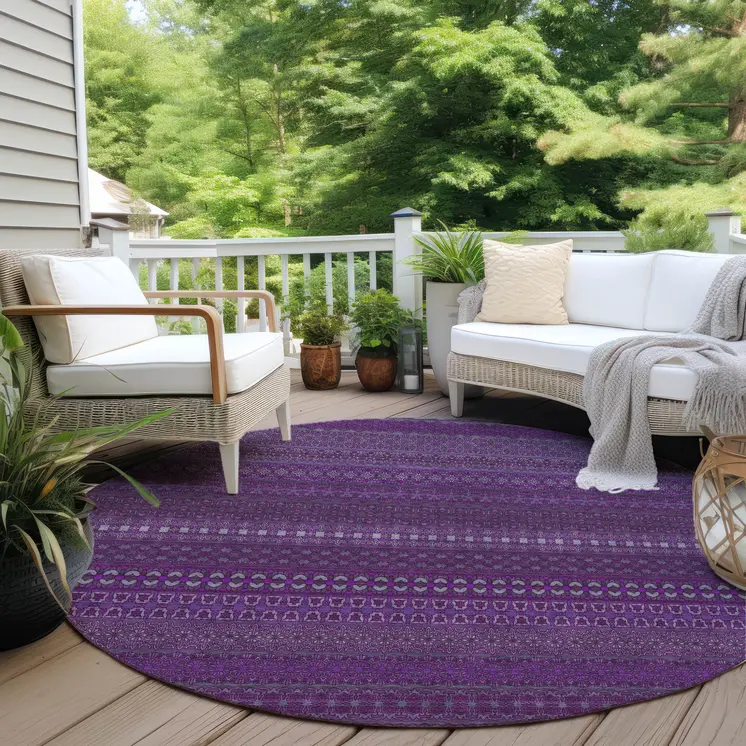 8' Round Eggplant Round Striped Washable Non Skid Indoor Outdoor Area Rug