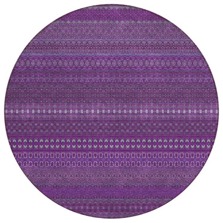 8' Round Eggplant Round Striped Washable Non Skid Indoor Outdoor Area Rug