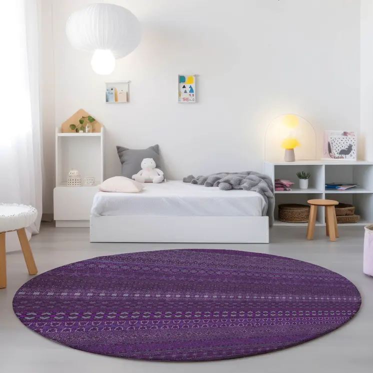 8' Round Eggplant Round Striped Washable Non Skid Indoor Outdoor Area Rug