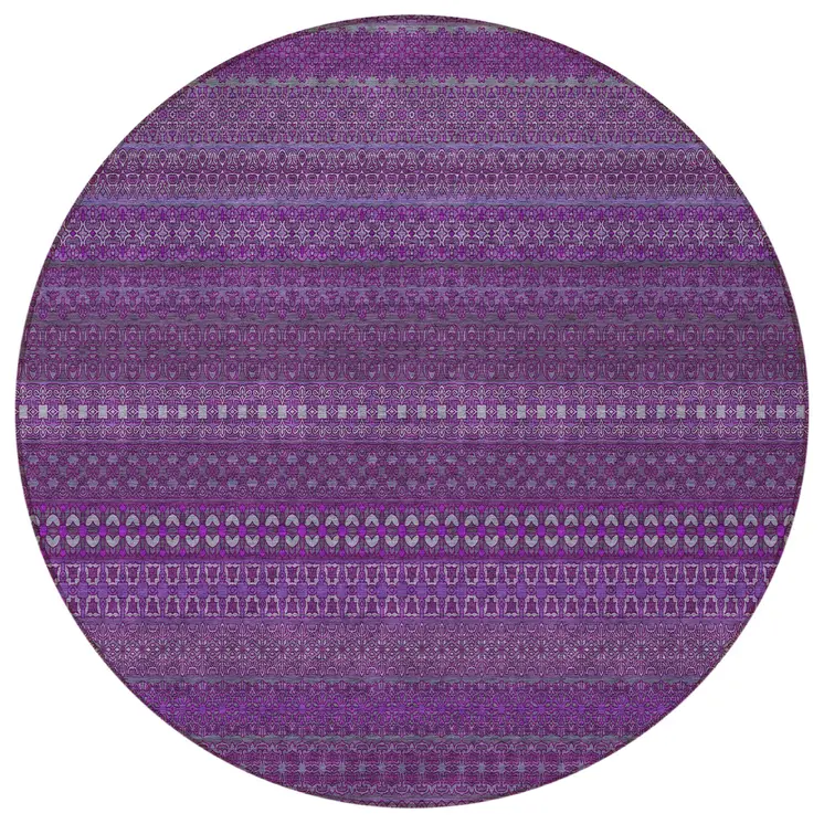 8' Round Eggplant Round Striped Washable Non Skid Indoor Outdoor Area Rug