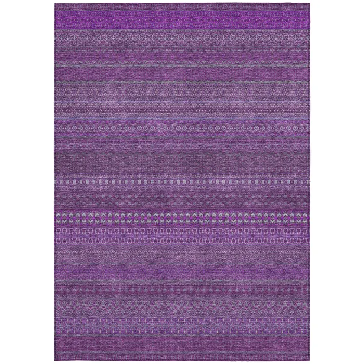 9' X 12' Eggplant Striped Washable Non Skid Indoor Outdoor Area Rug