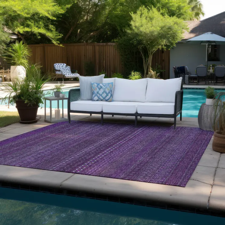 9' X 12' Eggplant Striped Washable Non Skid Indoor Outdoor Area Rug