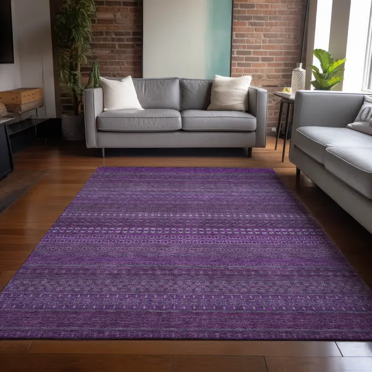 9' X 12' Eggplant Striped Washable Non Skid Indoor Outdoor Area Rug