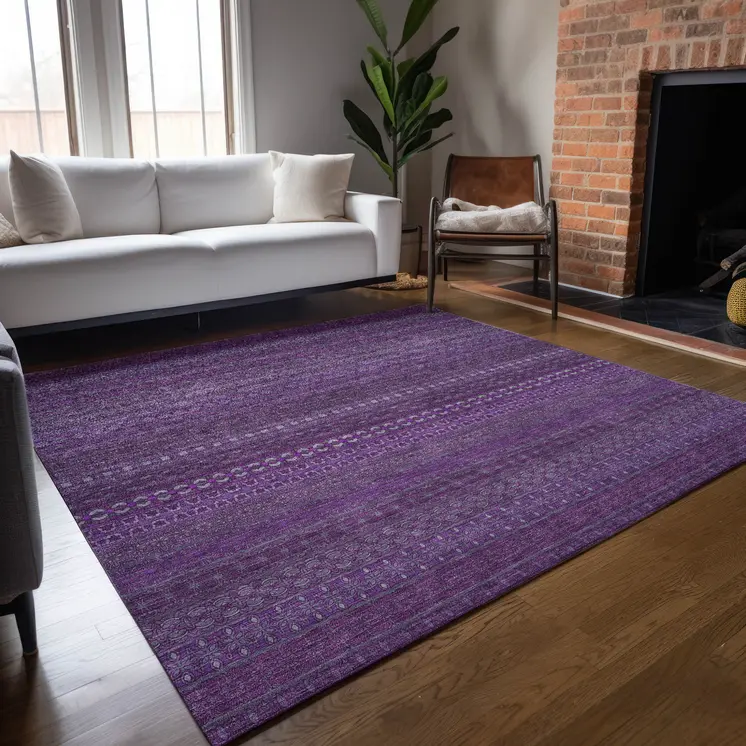 9' X 12' Eggplant Striped Washable Non Skid Indoor Outdoor Area Rug