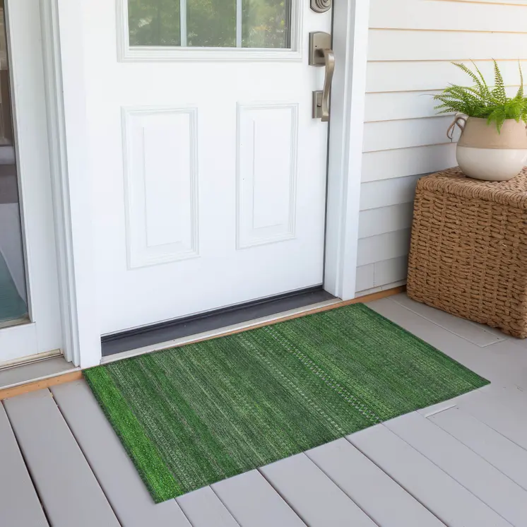 2' X 3' Fern Green Striped Washable Non Skid Indoor Outdoor Area Rug