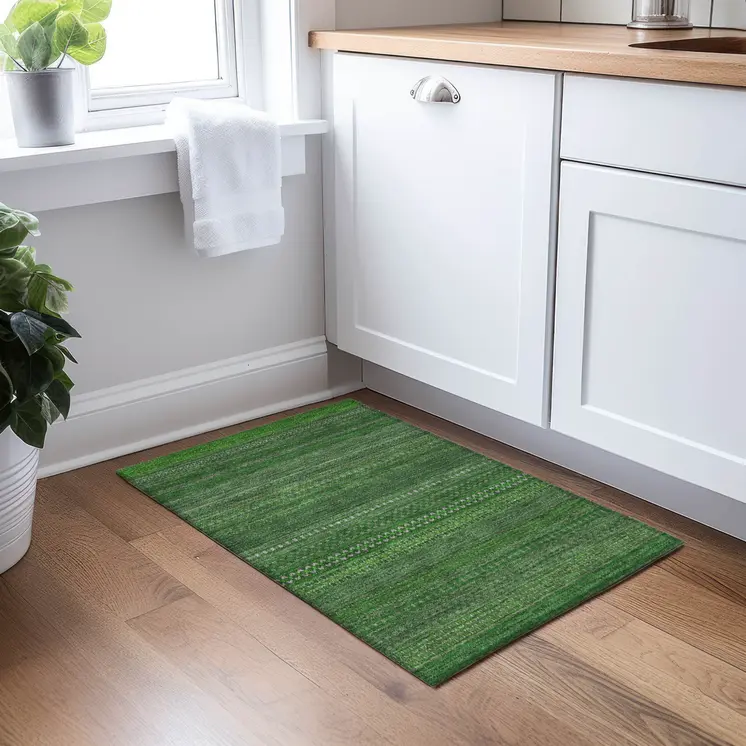 2' X 3' Fern Green Striped Washable Non Skid Indoor Outdoor Area Rug