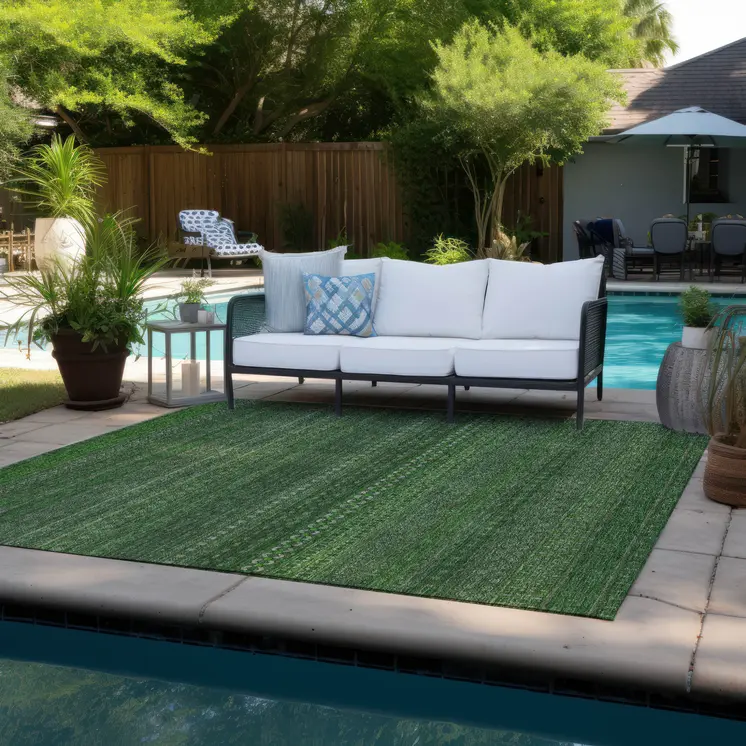 3' X 5' Fern Green Striped Washable Non Skid Indoor Outdoor Area Rug