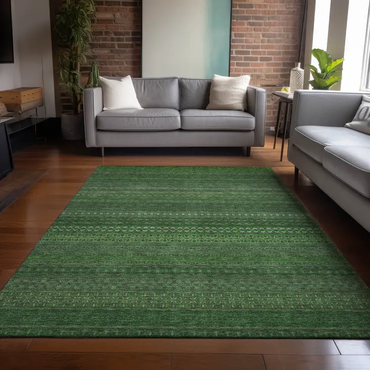 3' X 5' Fern Green Striped Washable Non Skid Indoor Outdoor Area Rug